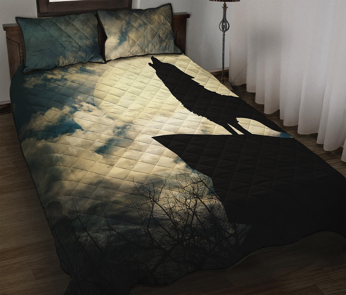 Wolf Howling At The Full Moon Print Quilt Bed Set