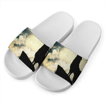 Wolf Howling At The Full Moon Print White Slide Sandals