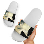 Wolf Howling At The Full Moon Print White Slide Sandals