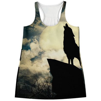 Wolf Howling At The Full Moon Print Women's Racerback Tank Top
