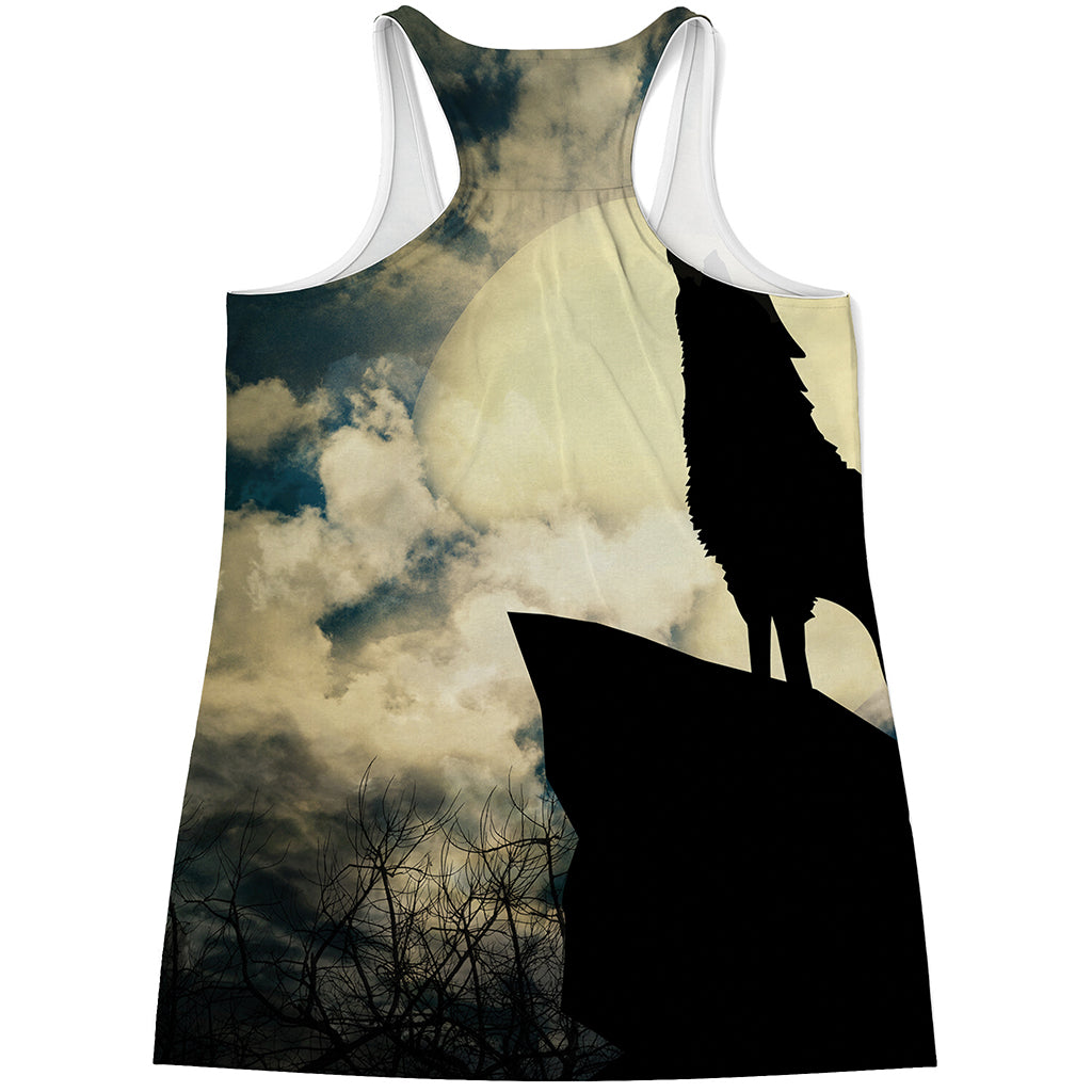 Wolf Howling At The Full Moon Print Women's Racerback Tank Top