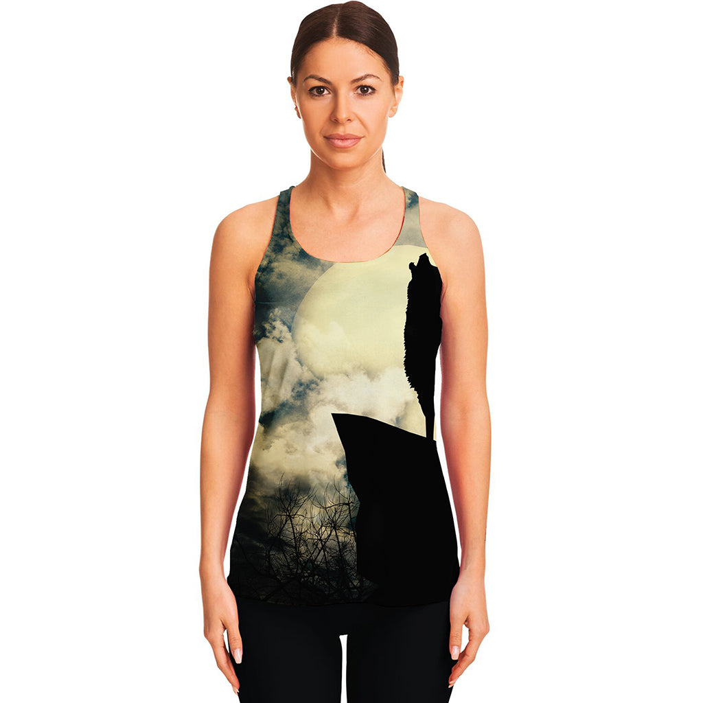 Wolf Howling At The Full Moon Print Women's Racerback Tank Top