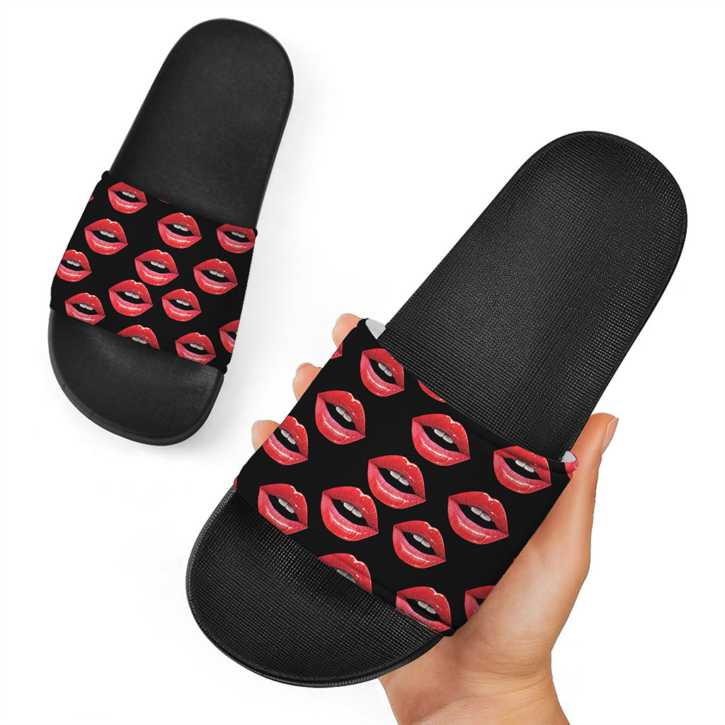 Women's Lips Pattern Print Black Slide Sandals
