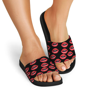 Women's Lips Pattern Print Black Slide Sandals