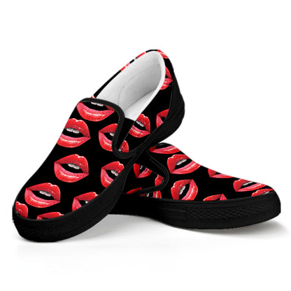 Women's Lips Pattern Print Black Slip On Shoes