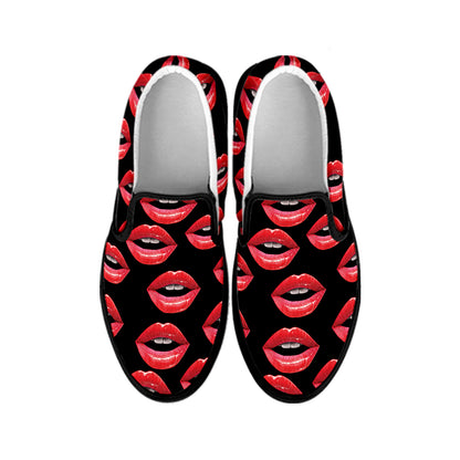 Women's Lips Pattern Print Black Slip On Shoes