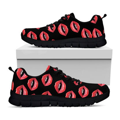 Women's Lips Pattern Print Black Sneakers