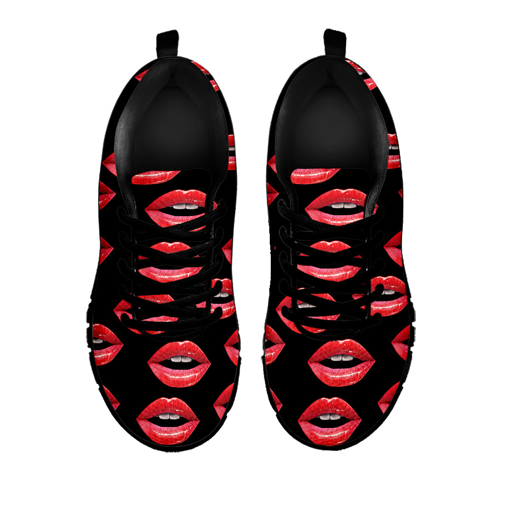 Women's Lips Pattern Print Black Sneakers