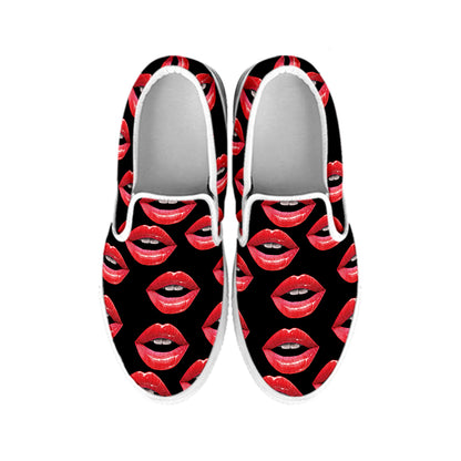 Women's Lips Pattern Print White Slip On Shoes