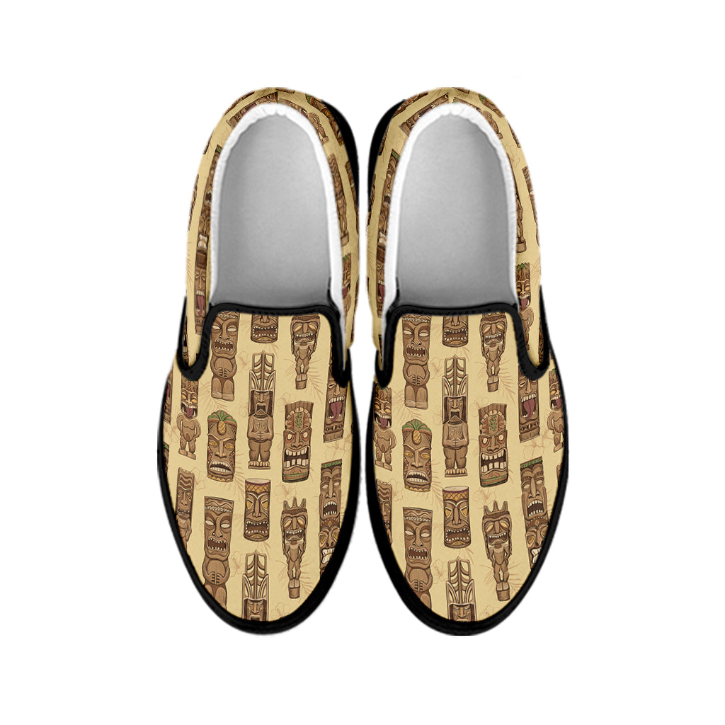 Wooden Tiki Pattern Print Black Slip On Shoes