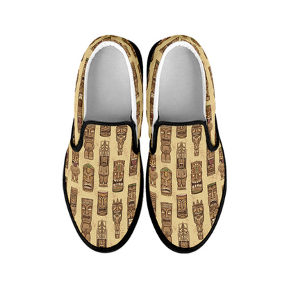 Wooden Tiki Pattern Print Black Slip On Shoes