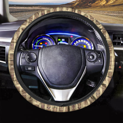 Wooden Tiki Pattern Print Car Steering Wheel Cover