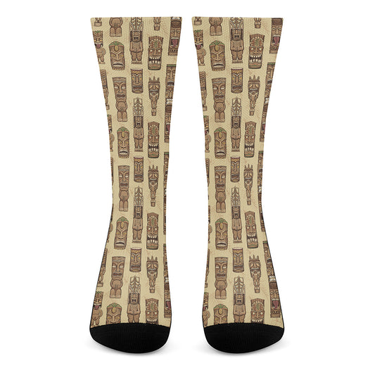 Wooden Tiki Pattern Print Crew Socks