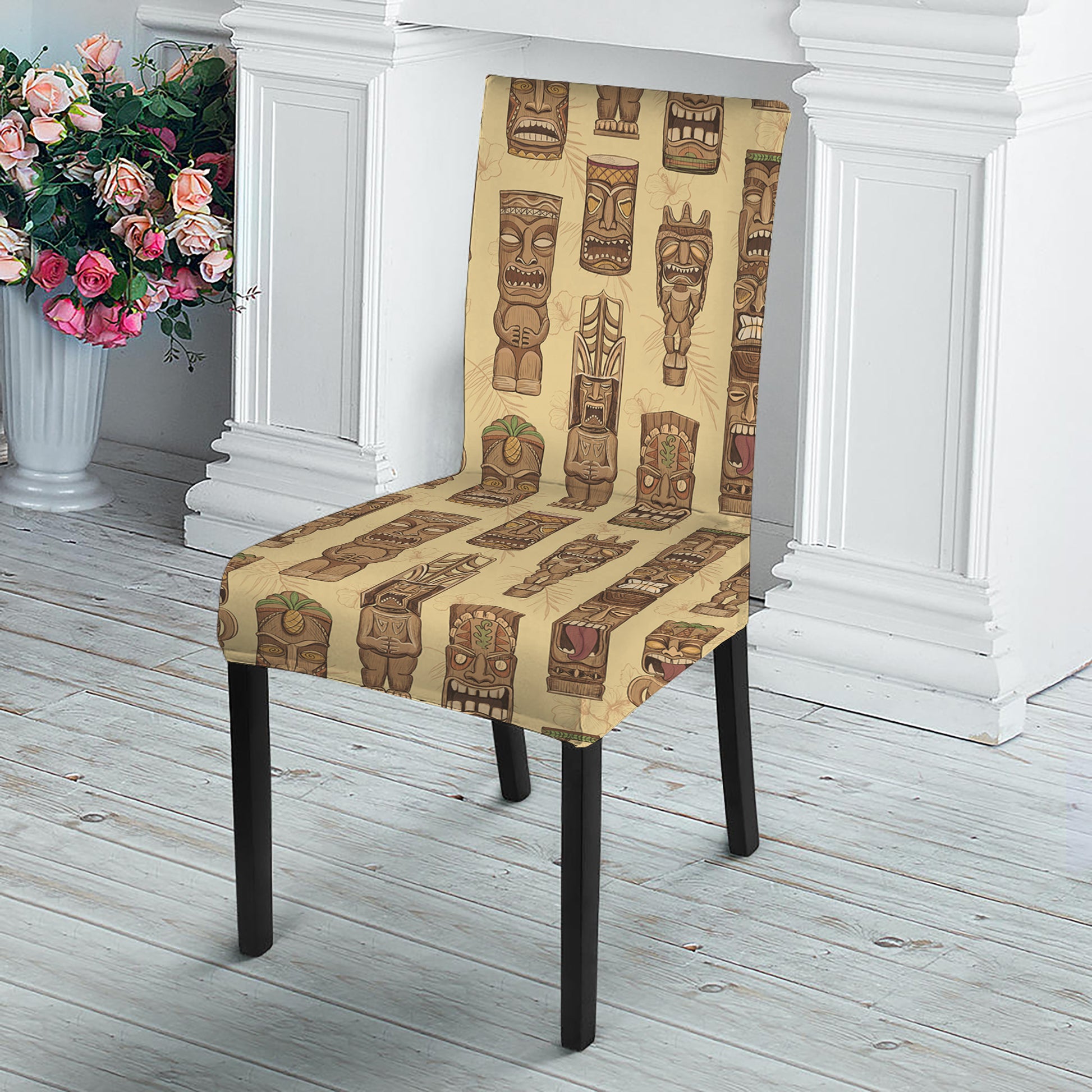 Wooden Tiki Pattern Print Dining Chair Slipcover