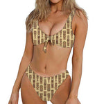 Wooden Tiki Pattern Print Front Bow Tie Bikini