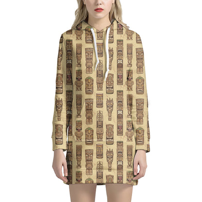 Wooden Tiki Pattern Print Hoodie Dress