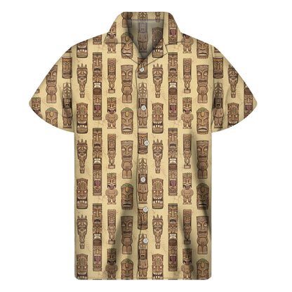 Wooden Tiki Pattern Print Men's Short Sleeve Shirt