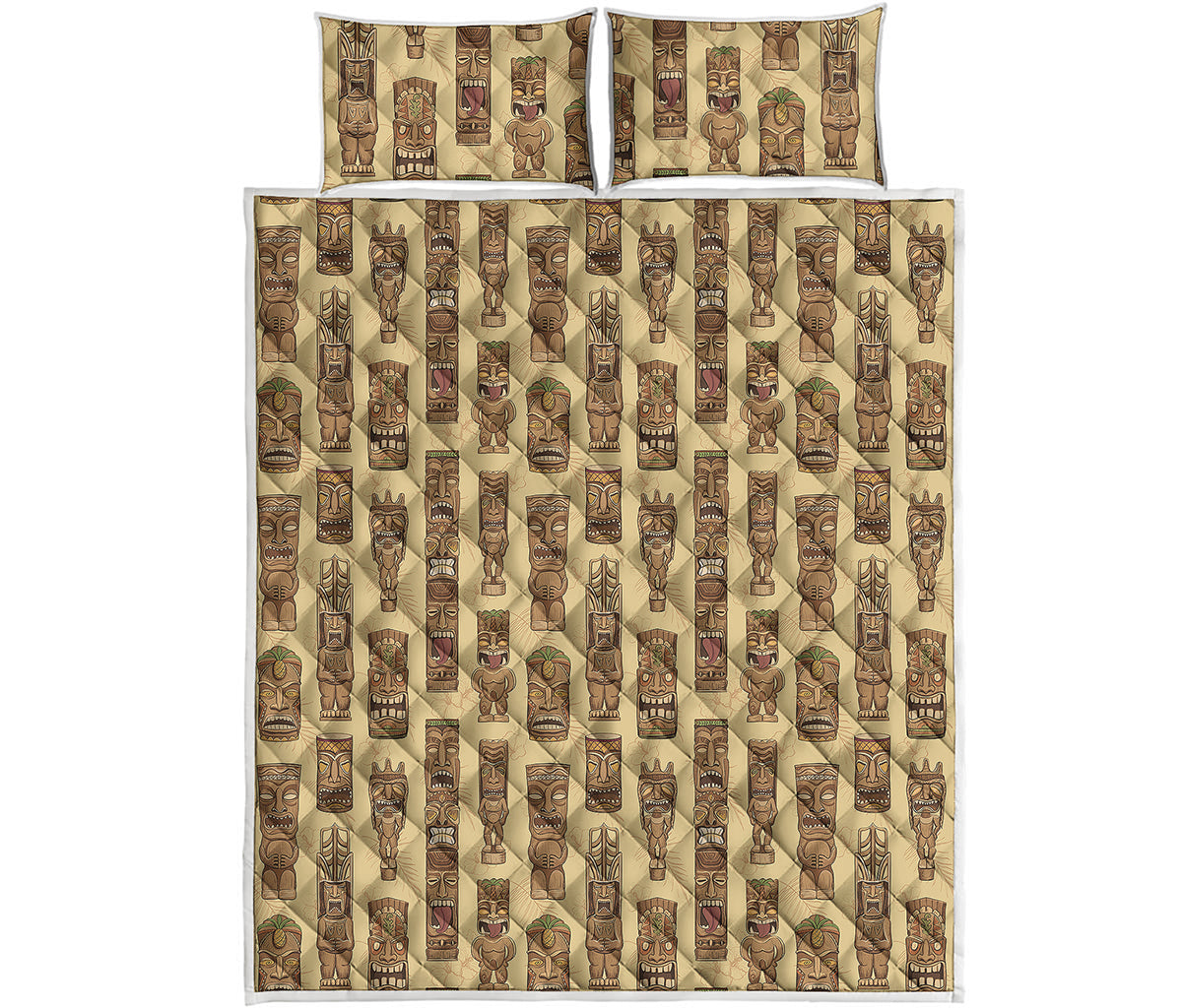 Wooden Tiki Pattern Print Quilt Bed Set