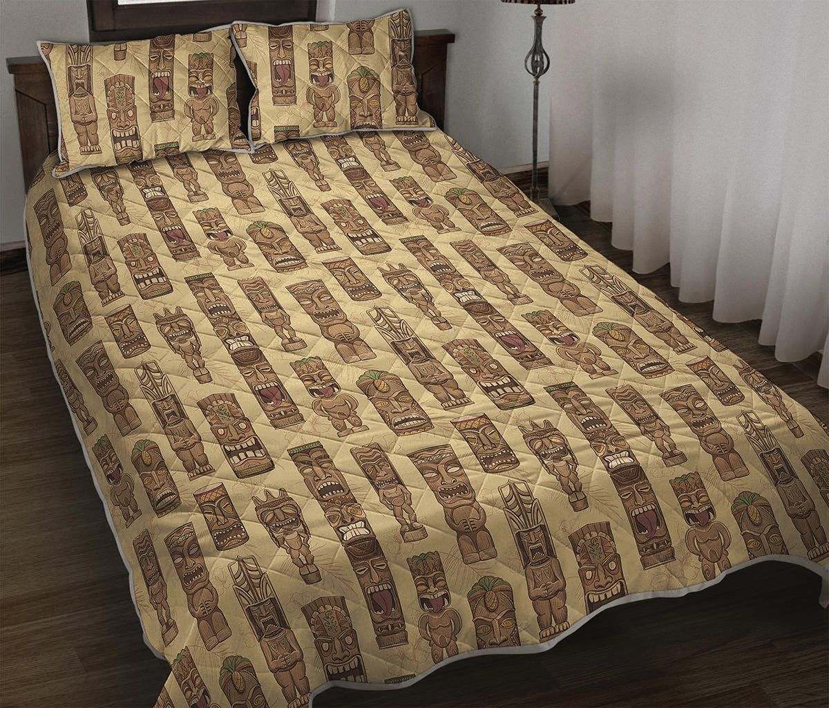 Wooden Tiki Pattern Print Quilt Bed Set