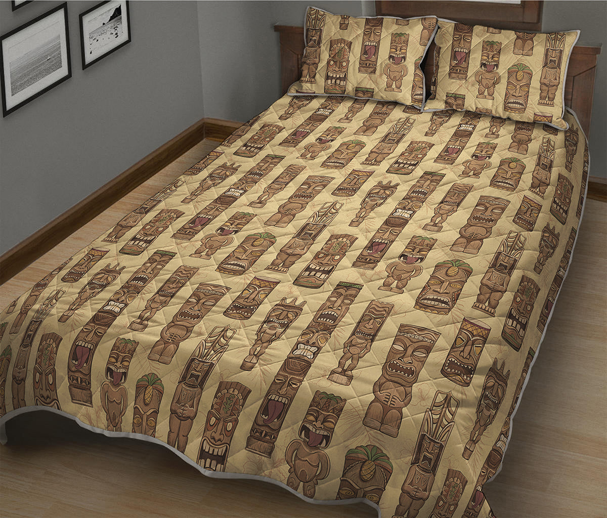 Wooden Tiki Pattern Print Quilt Bed Set