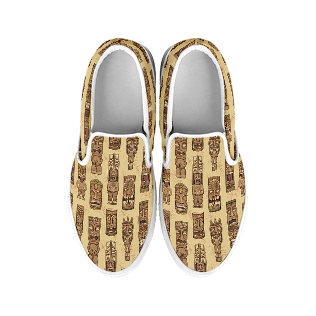 Wooden Tiki Pattern Print White Slip On Shoes