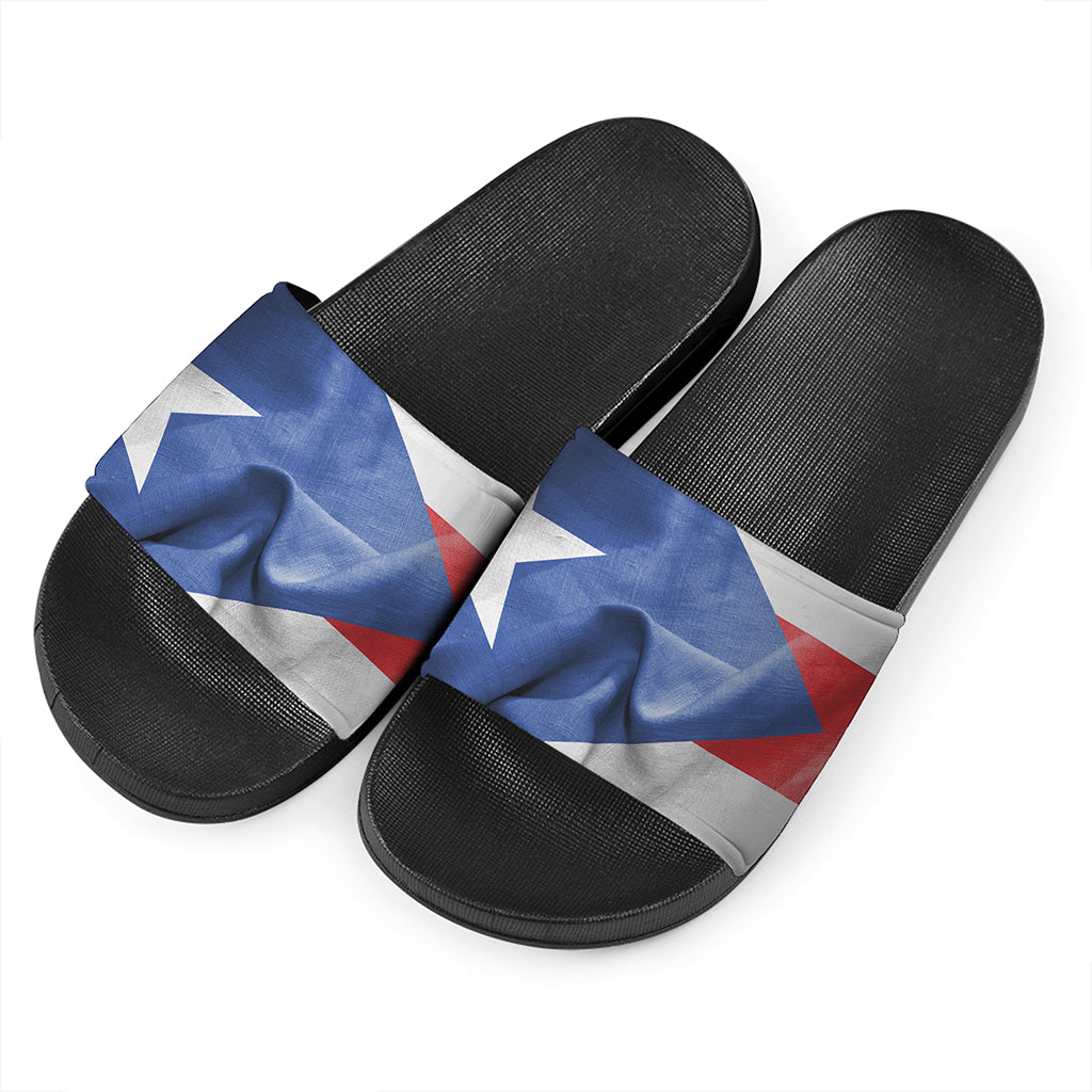 Wrinkled Puerto Rican Flag Print Black Slide Sandals