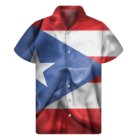 Wrinkled Puerto Rican Flag Print Men's Short Sleeve Shirt