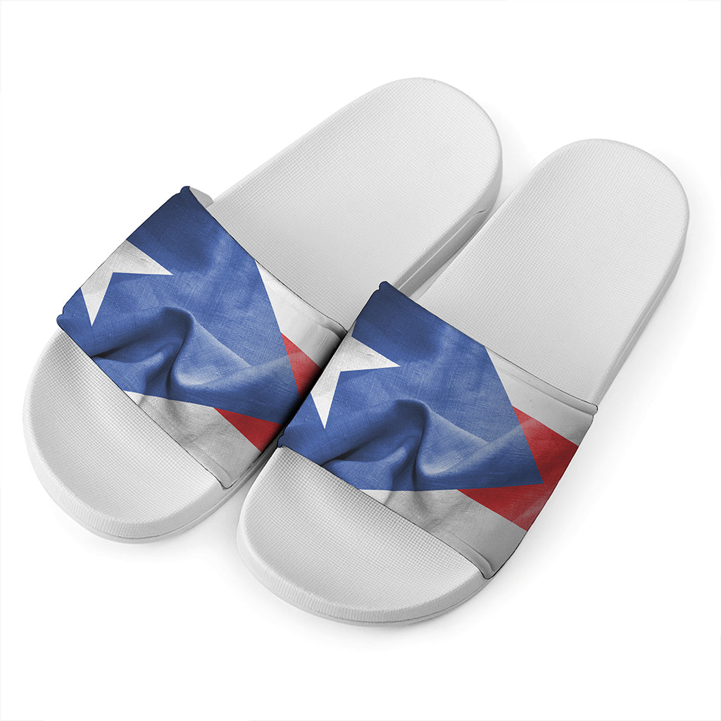 Wrinkled Puerto Rican Flag Print White Slide Sandals