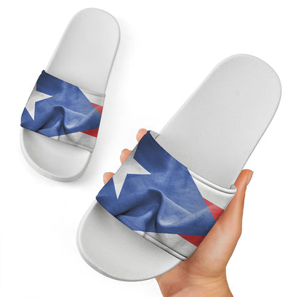 Wrinkled Puerto Rican Flag Print White Slide Sandals