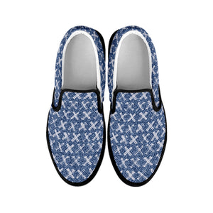 X Cross Denim Jeans Pattern Print Black Slip On Shoes