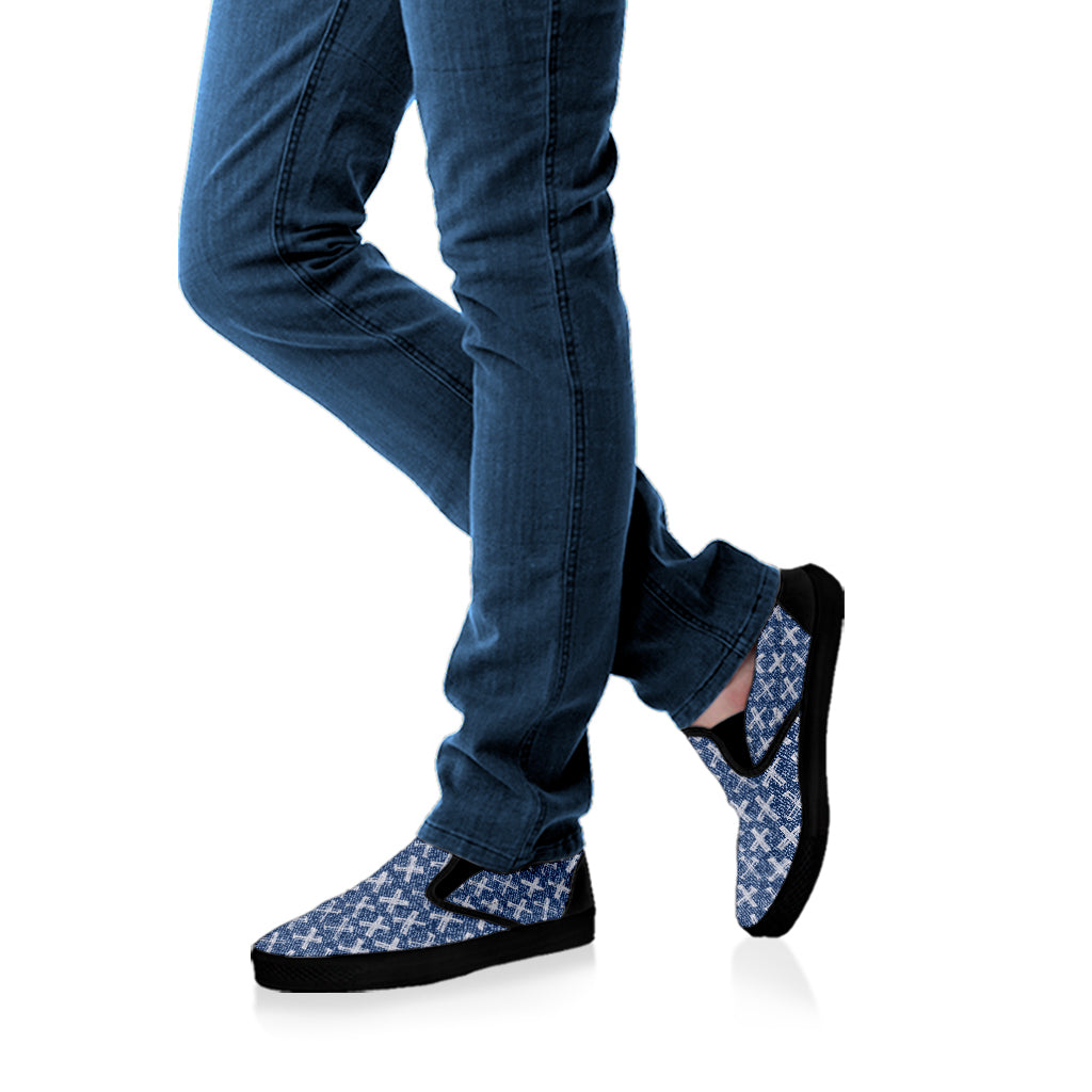 X Cross Denim Jeans Pattern Print Black Slip On Shoes