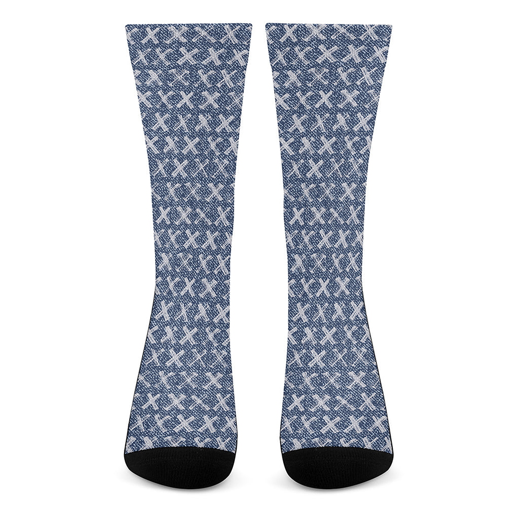 X Cross Denim Jeans Pattern Print Crew Socks