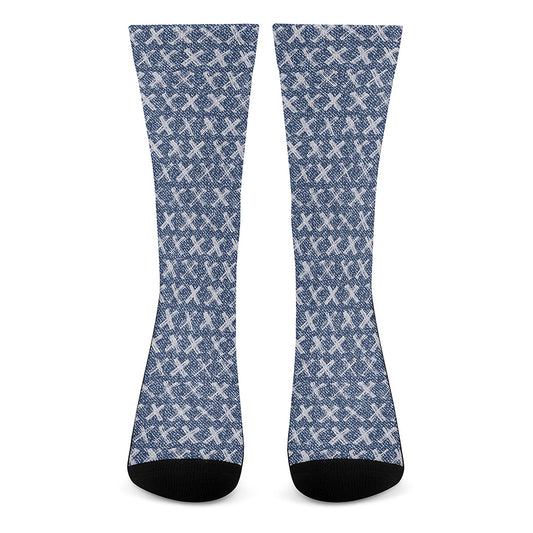 X Cross Denim Jeans Pattern Print Crew Socks