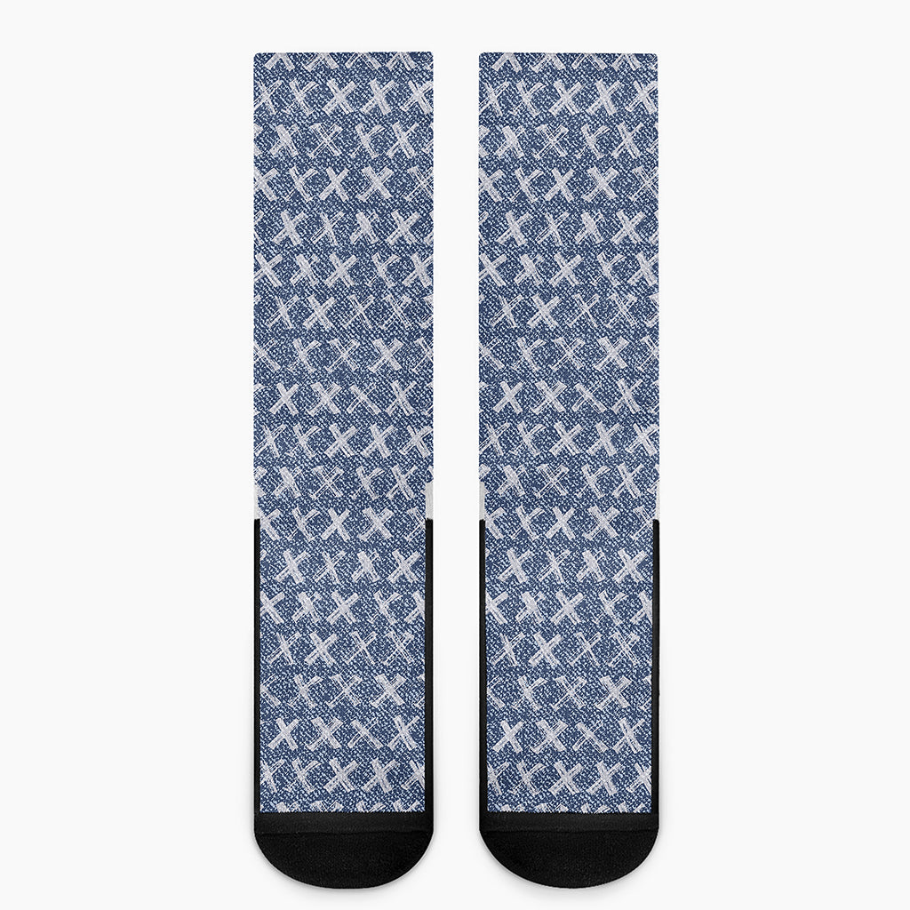X Cross Denim Jeans Pattern Print Crew Socks