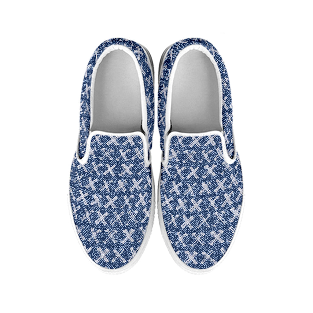 X Cross Denim Jeans Pattern Print White Slip On Shoes