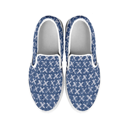 X Cross Denim Jeans Pattern Print White Slip On Shoes
