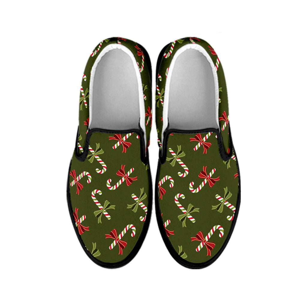 Xmas Candy Cane Pattern Print Black Slip On Shoes