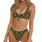 Xmas Candy Cane Pattern Print Front Bow Tie Bikini