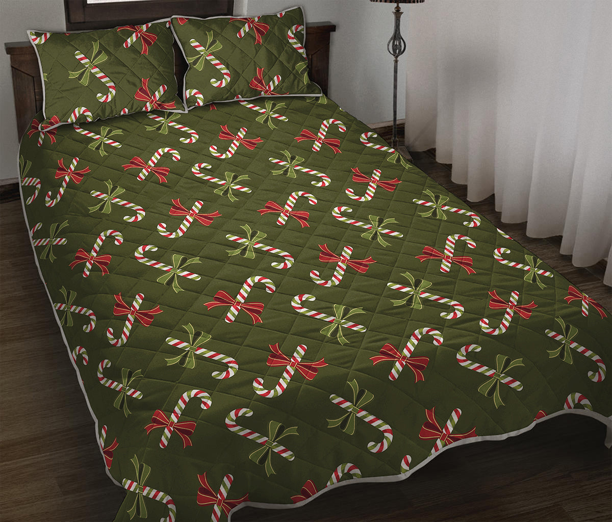 Xmas Candy Cane Pattern Print Quilt Bed Set