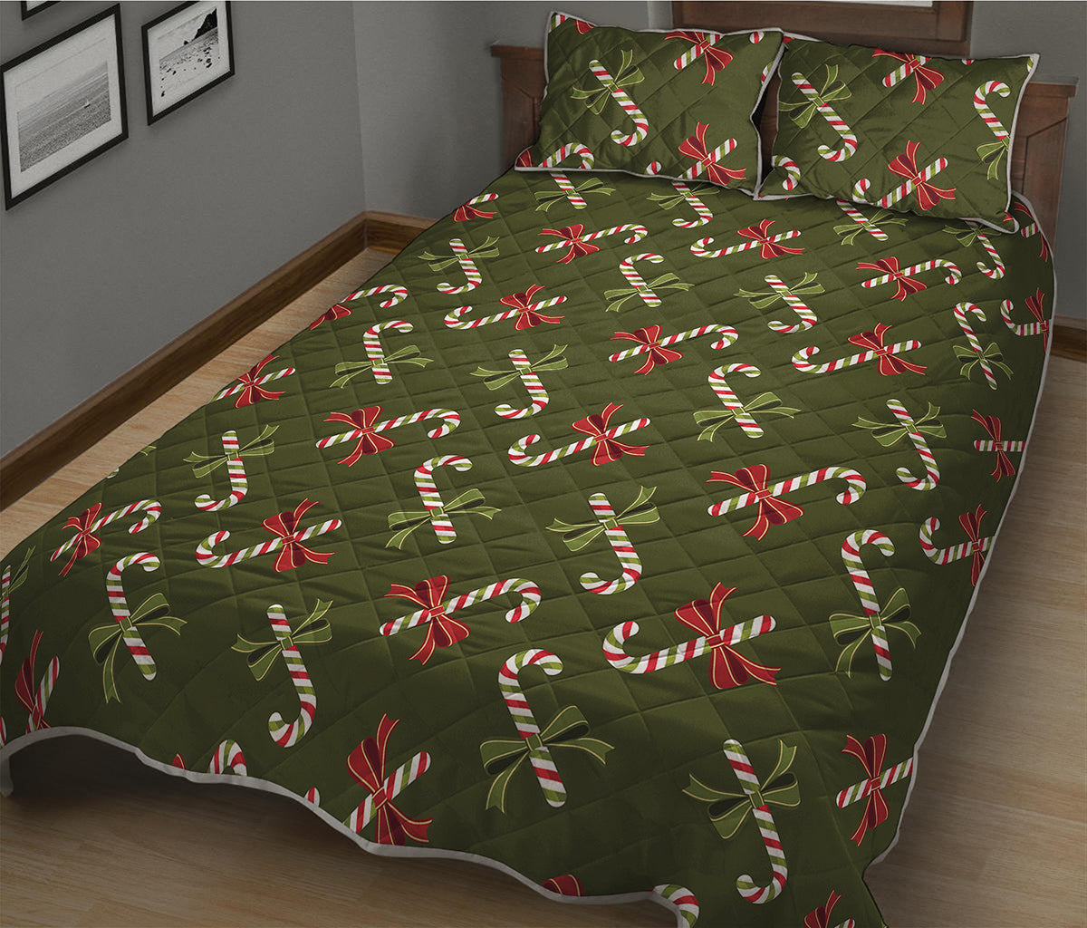 Xmas Candy Cane Pattern Print Quilt Bed Set