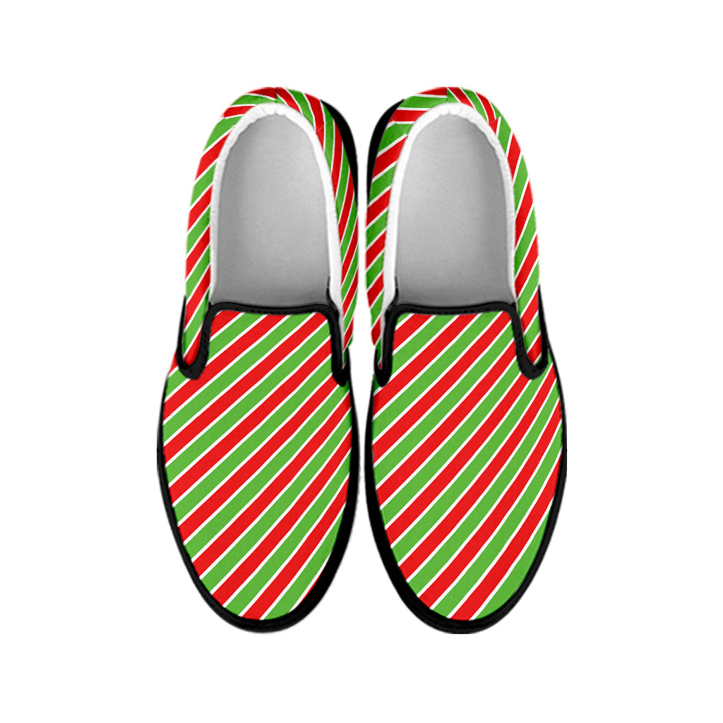 Xmas Candy Cane Stripes Print Black Slip On Shoes