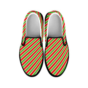 Xmas Candy Cane Stripes Print Black Slip On Shoes