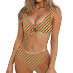 Xmas Candy Cane Stripes Print Front Bow Tie Bikini
