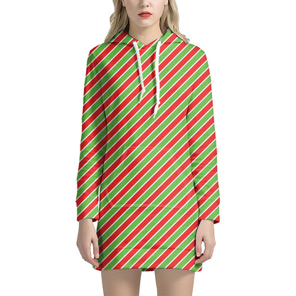 Xmas Candy Cane Stripes Print Hoodie Dress