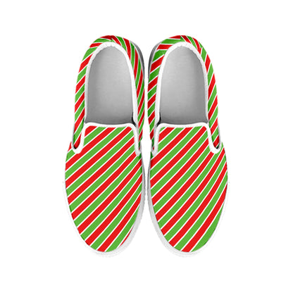 Xmas Candy Cane Stripes Print White Slip On Shoes