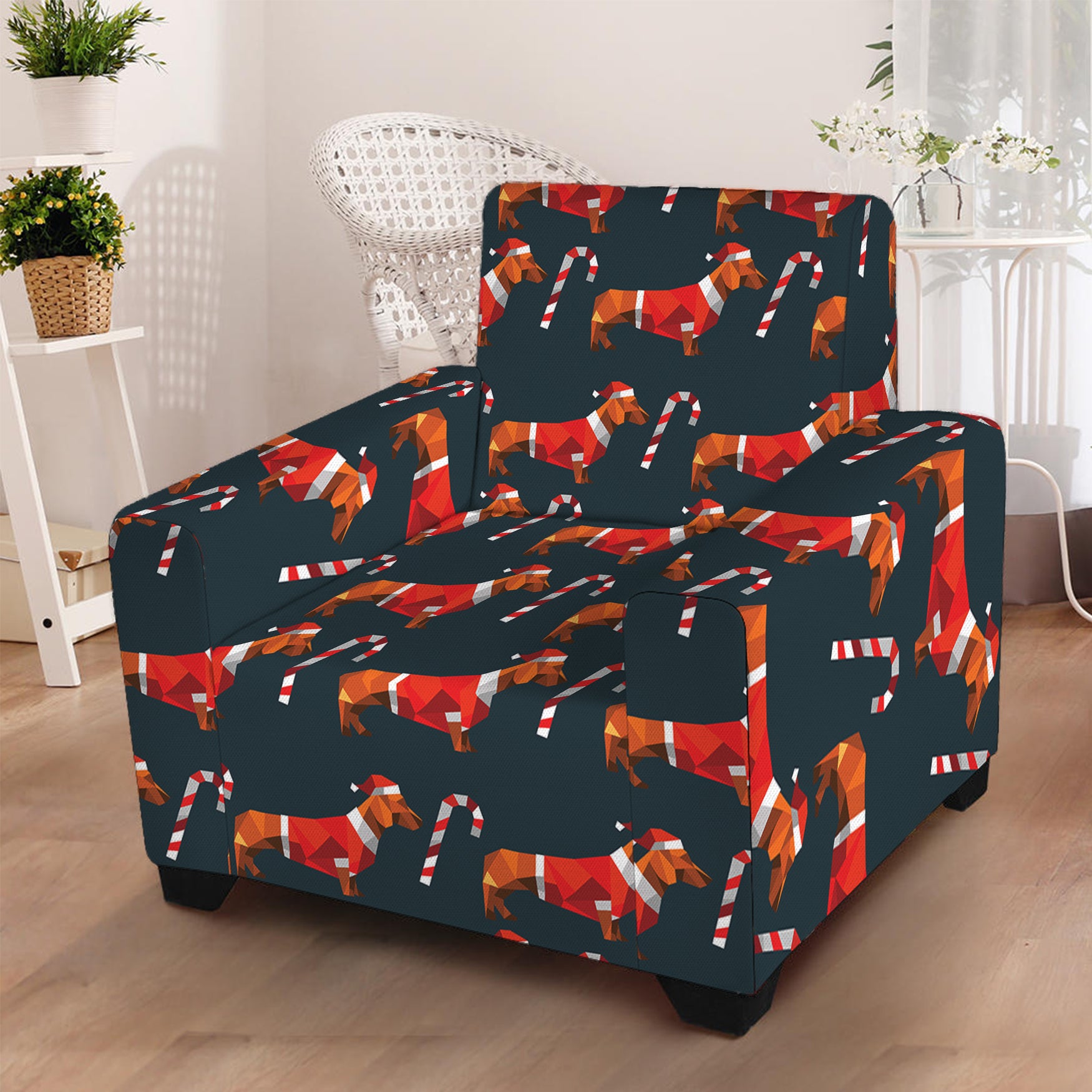 Xmas Dachshund Pattern Print Armchair Slipcover