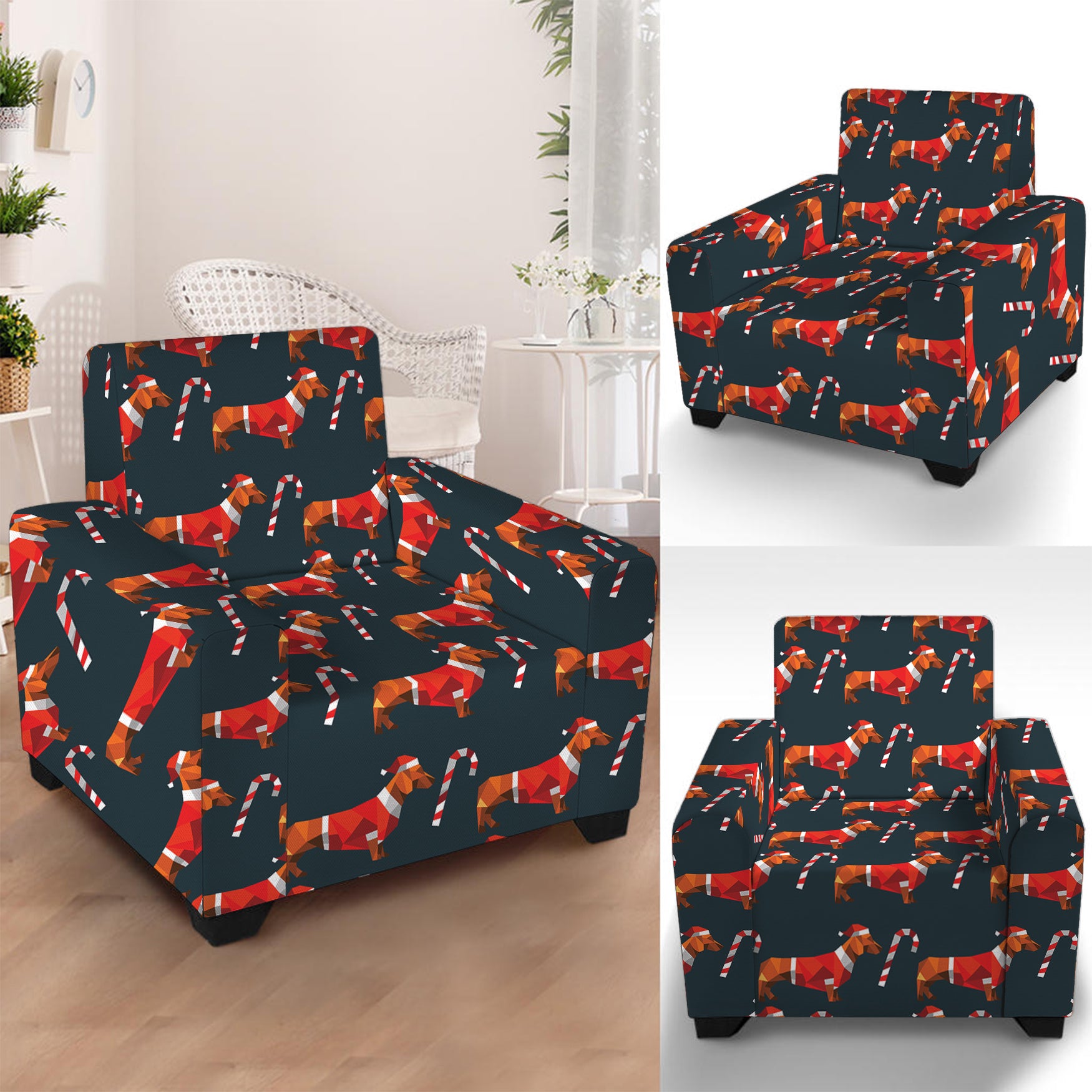 Xmas Dachshund Pattern Print Armchair Slipcover