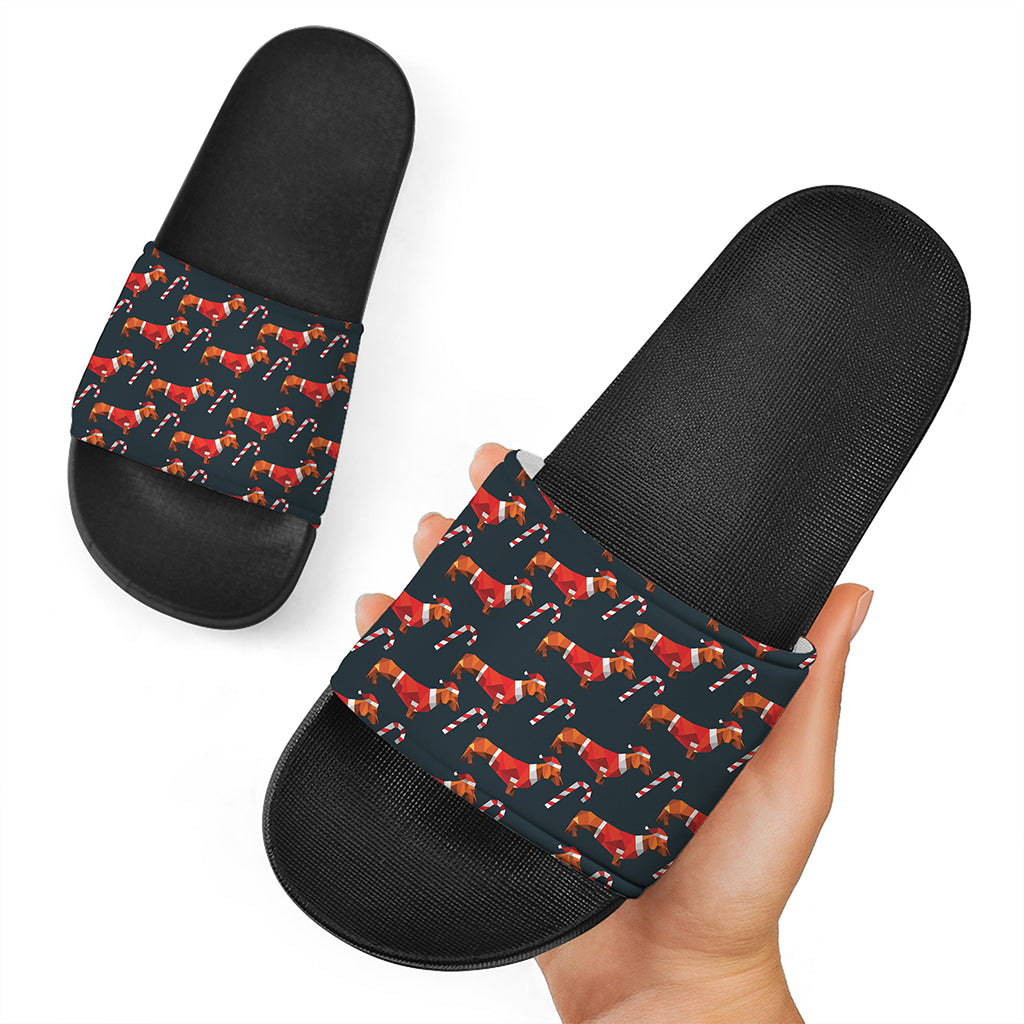 Xmas Dachshund Pattern Print Black Slide Sandals