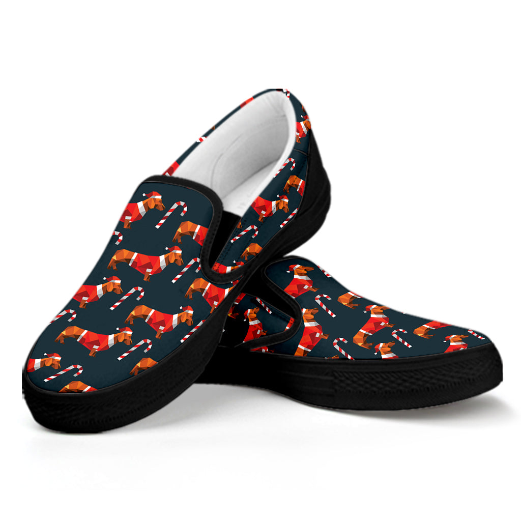 Xmas Dachshund Pattern Print Black Slip On Shoes