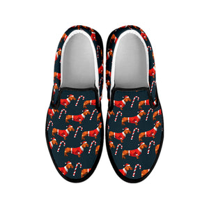 Xmas Dachshund Pattern Print Black Slip On Shoes